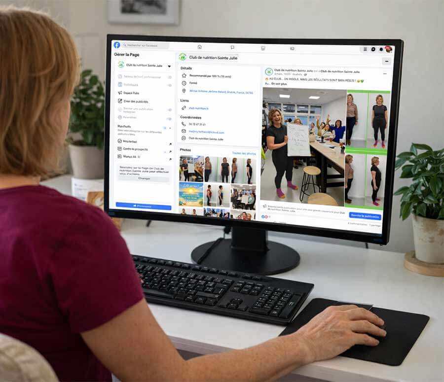 Gérante d’un club de nutrition devant son écran, en train d’administrer la présence en ligne de son établissement