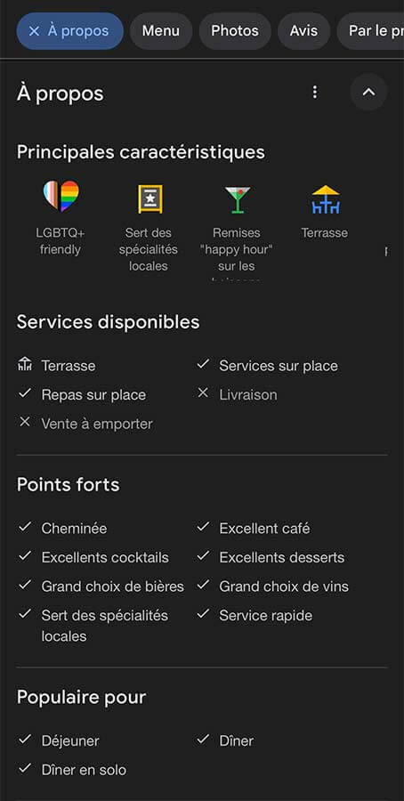 Onglet À propos d’une fiche Google, avec les principales caractéristiques, les services disponibles et les points forts renseignés