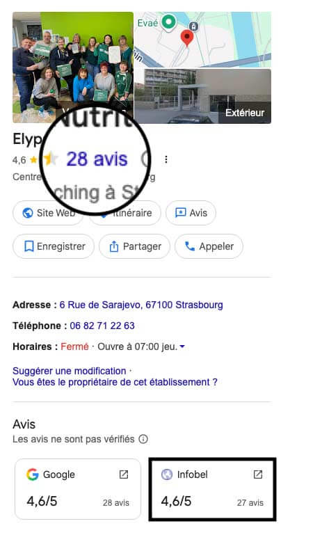 Fiche d’un centre de nutrition affichant sa note sur 2 plateformes différentes, 4,6 sur 5 chez Google et 4,6 sur 5 chez Infobel