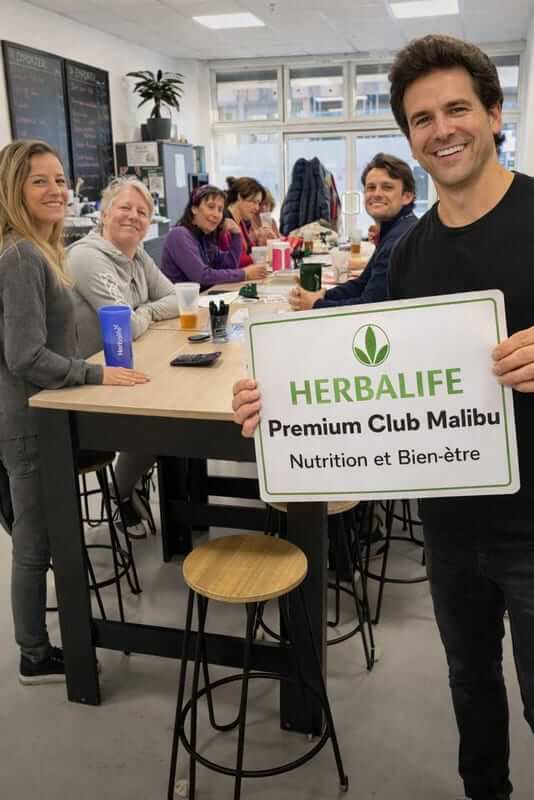 Membres d’un club de nutrition réunis autour d’une table, avec le panneau du club affiché