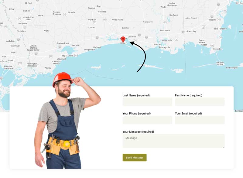 Carte avec un repère pointant un établissement, au-dessus d’un formulaire de contact intégré à une page locale